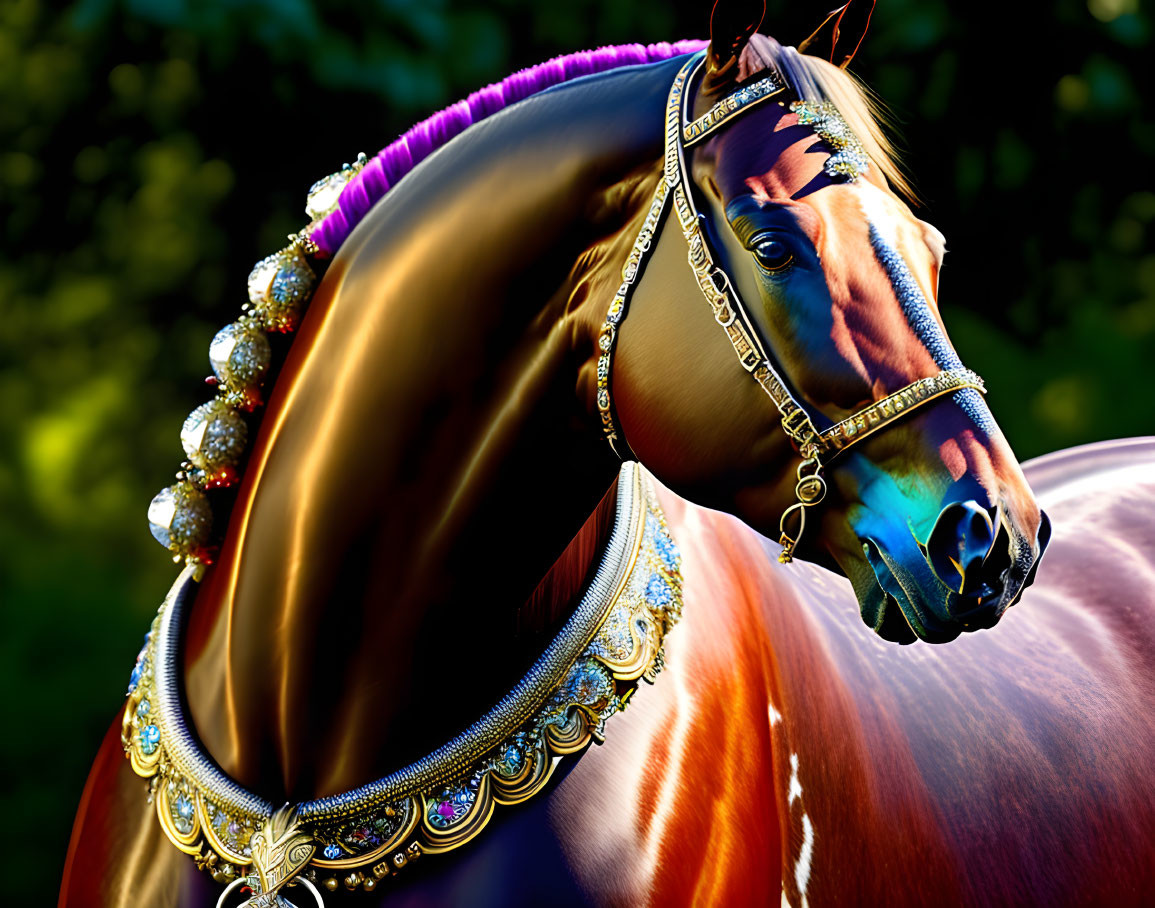 Chestnut horse with ornate bridle basking in sunlight