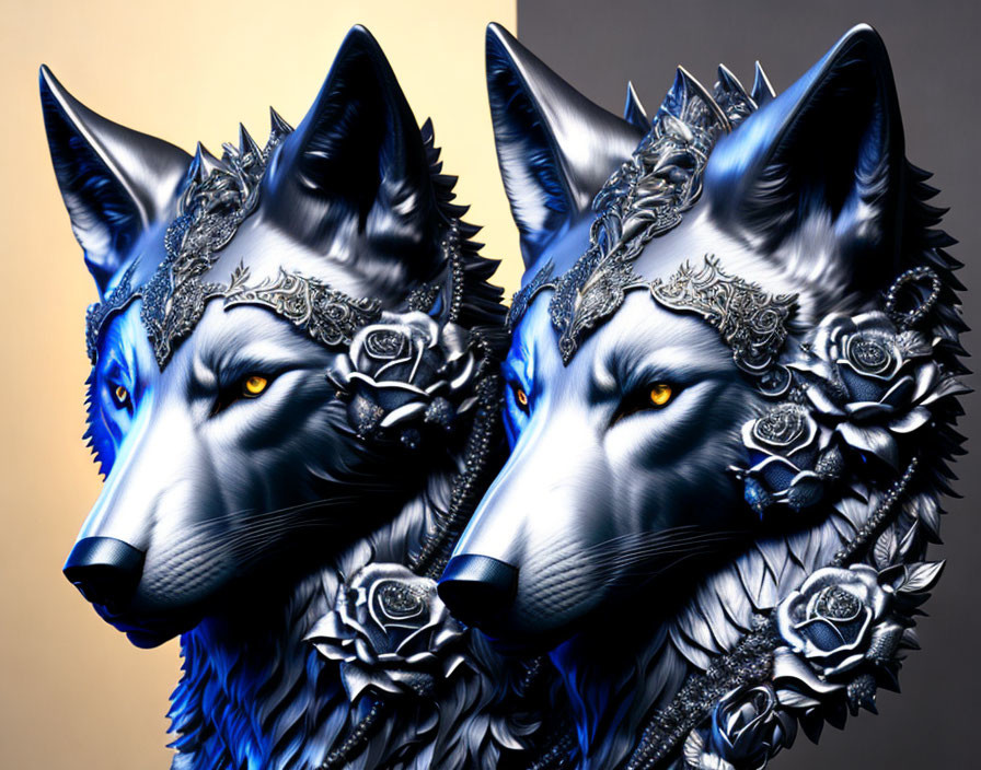 Stylized blue wolves with silver headgear and yellow eyes on gradient background