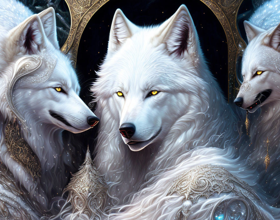 Three white wolves with yellow eyes and ornate fur patterns adorned with intricate jewelry on a dark, mystical