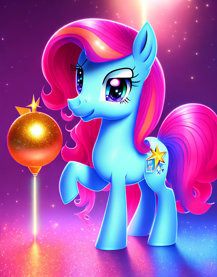 Colorful Blue Pony with Pink Mane and Magic Wand in Starry Scene