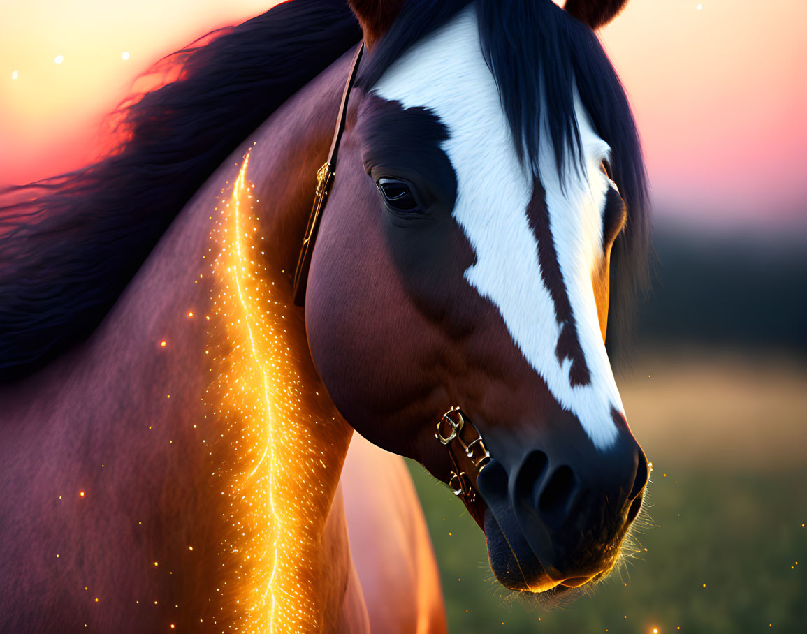 Close-up of horse with sparkling mane at sunset