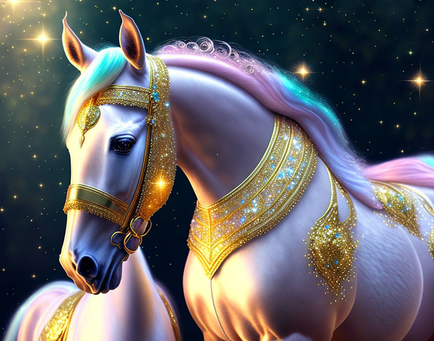 White Unicorn with Golden Mane in Starry Night Sky