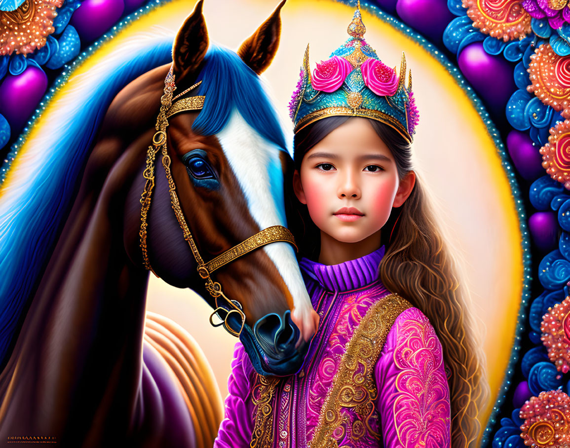 Vibrant pink dress girl with crown next to adorned horse on whimsical background