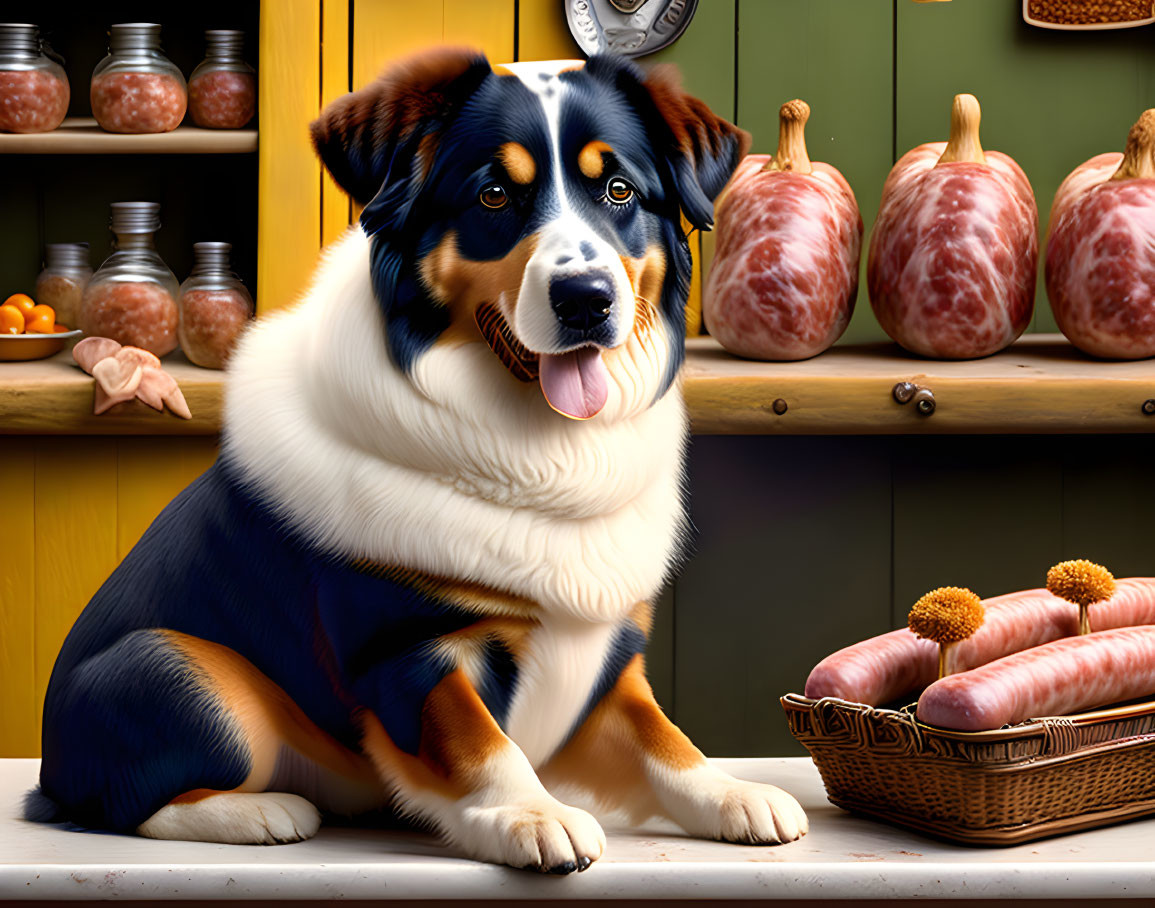 Bernese Mountain Dog in kitchen with cured meats, panting tongue