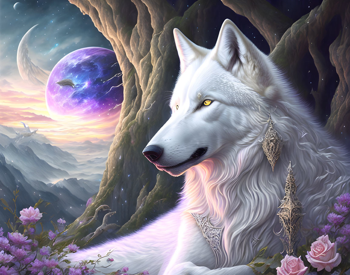 White Wolf with Golden Eyes in Fantasy Landscape with Mountains and Moon