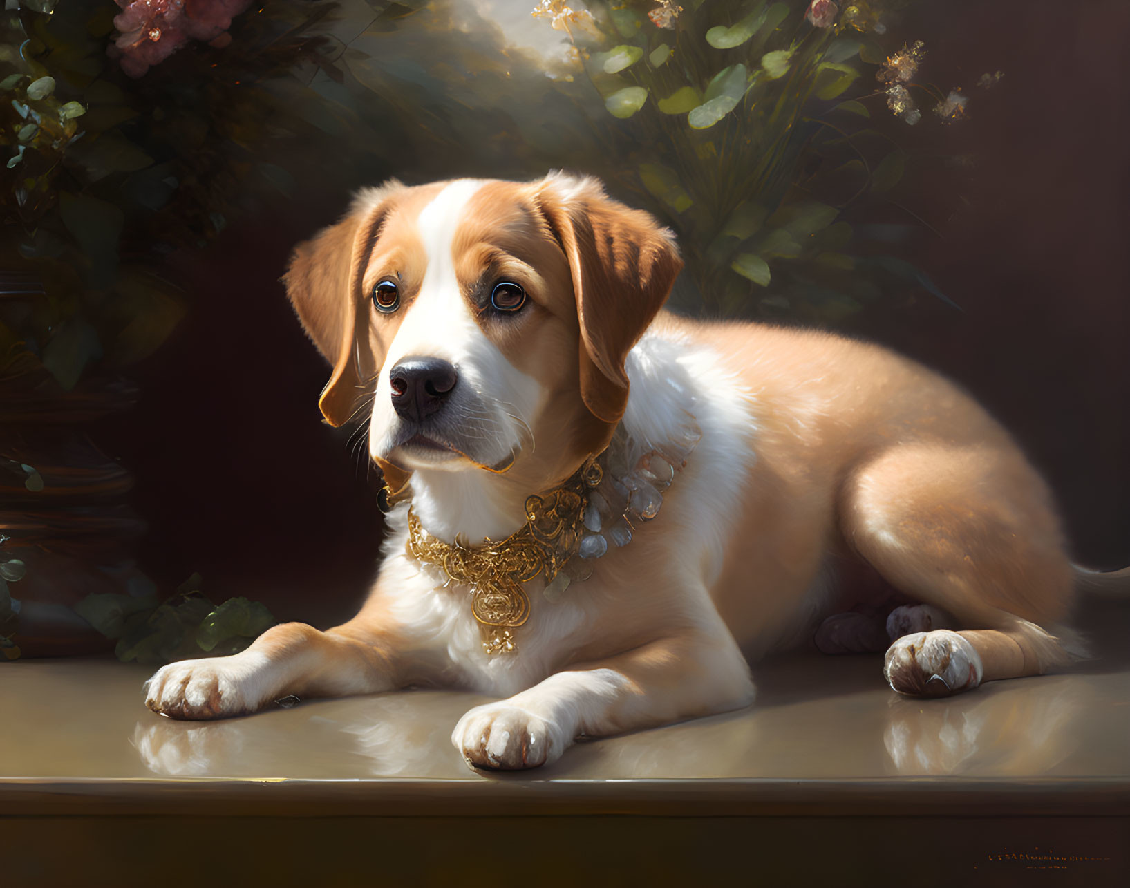 Serene dog with glossy coat and golden necklace resting gracefully among delicate flowers