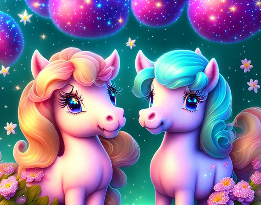 Stylized Cartoon Unicorns with Pink and Blue Manes in Starry Background