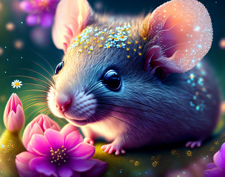 Sparkling mouse in pink flower garden with stardust.