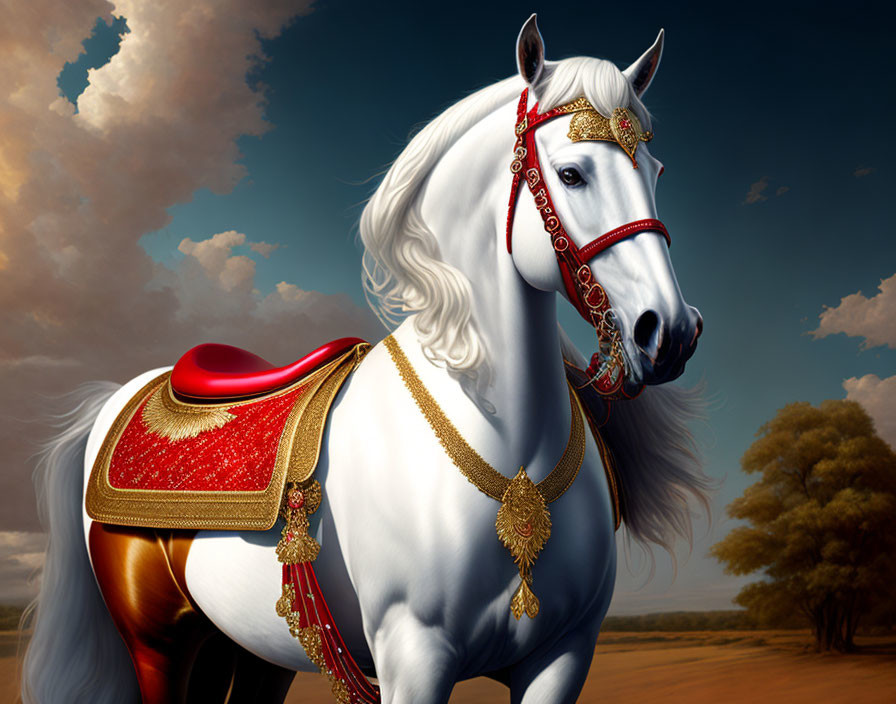 White Horse with Red and Gold Saddle on Dramatic Savannah Landscape