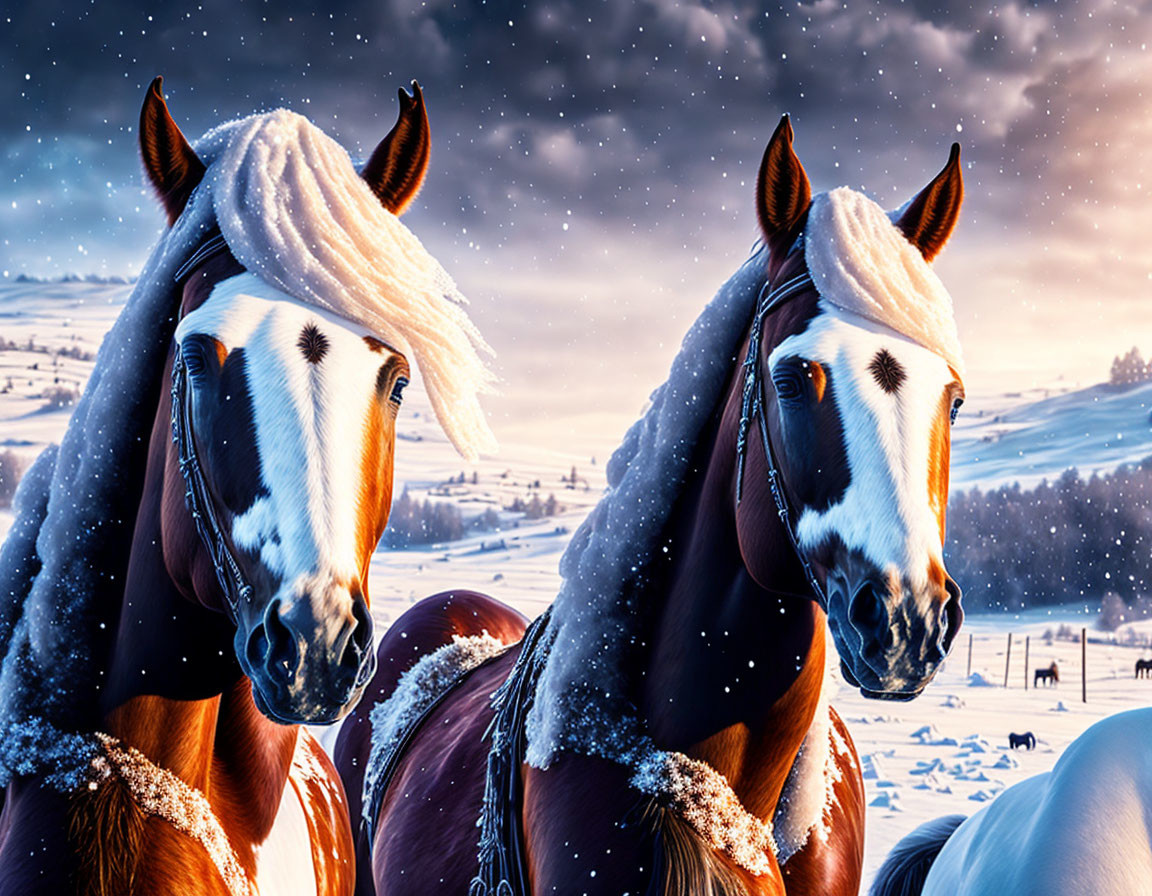 Snowflake-marked horses in snowy landscape under gloomy sky