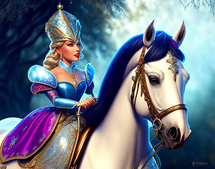 Digital illustration of fairytale woman in blue medieval attire riding white horse in mystical forest.