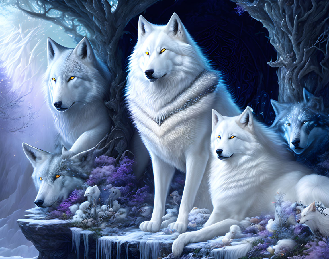 Mystical image of five white wolves with glowing yellow eyes on a nocturnal blue backdrop