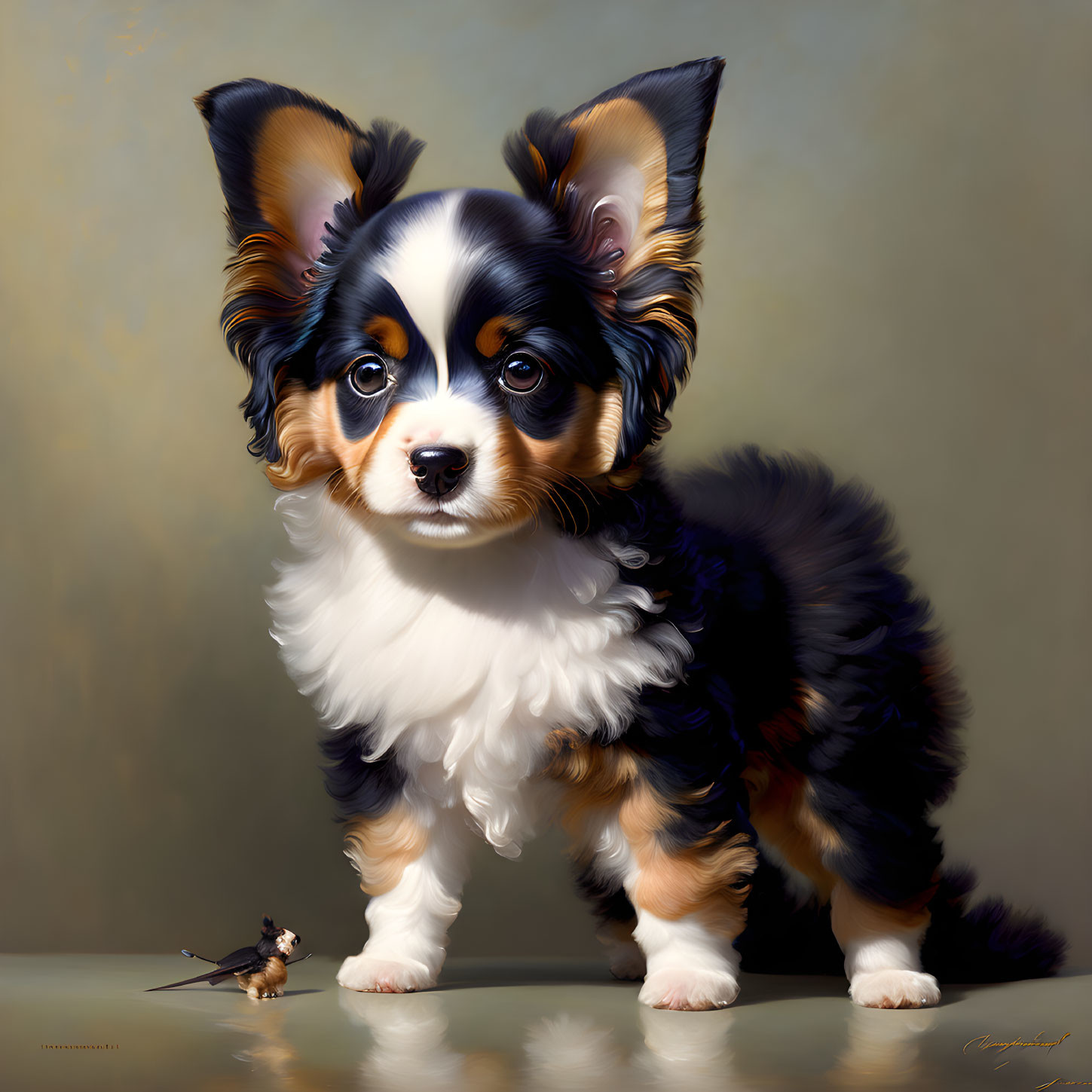 Tricolor Papillon puppy with expressive ears next to a tiny mouse on warm backdrop