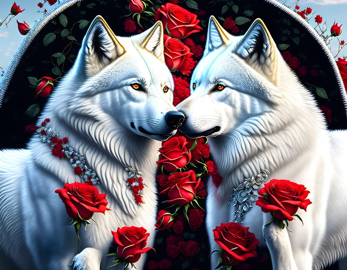 White wolves and red roses with crescent moon in artwork