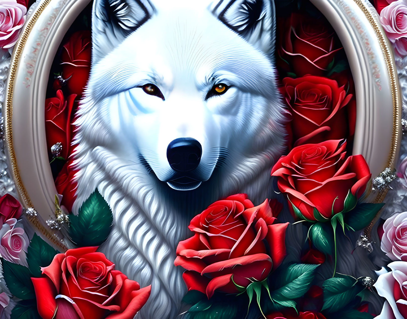 White Wolf with Blue Eyes Surrounded by Red Roses and Golden Frames