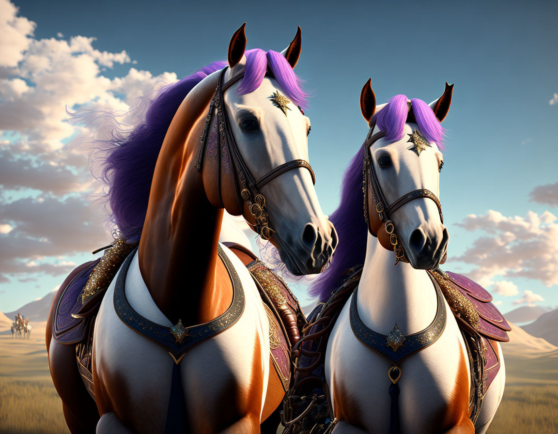 Stylized animated horses with vibrant purple manes in savannah setting