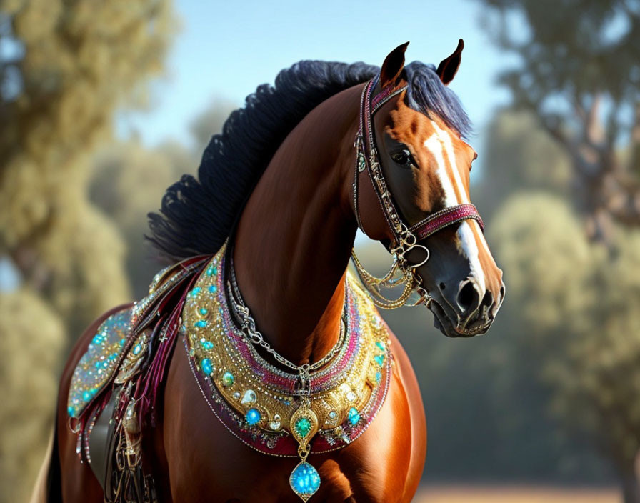 Brown horse with ornate colorful tack in forest setting