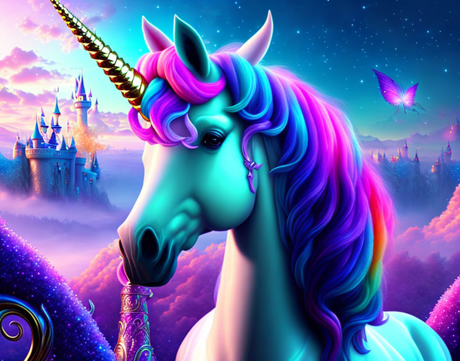 Colorful Unicorn with Rainbow Mane and Castle in Twilight Sky