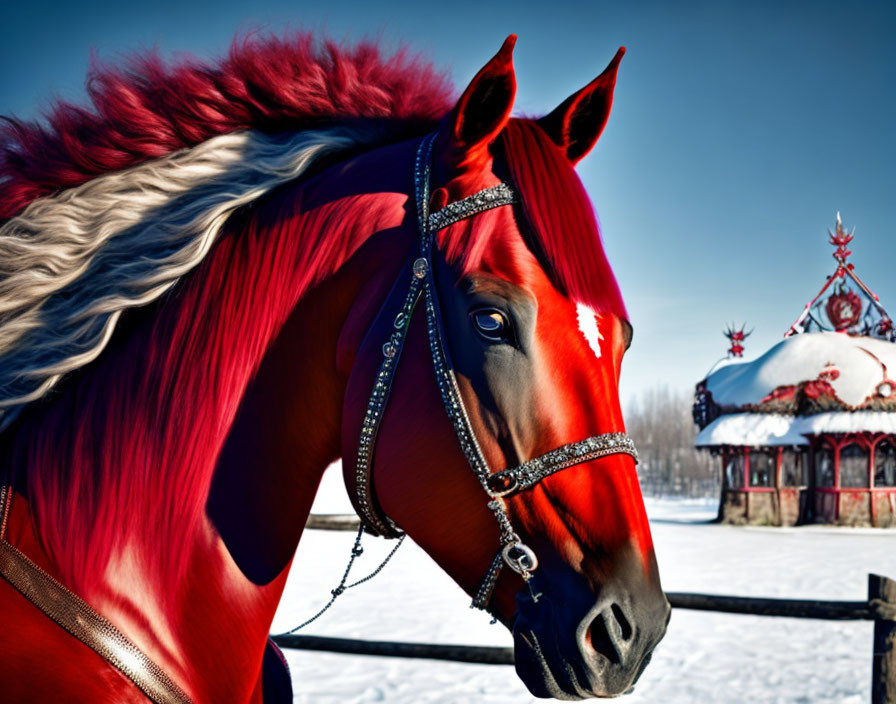 Chestnut horse with red mane in snowy landscape with traditional building