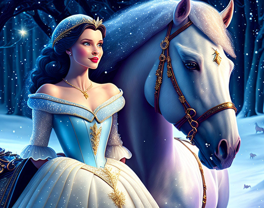 Dark-haired animated princess in blue and gold gown with white horse in snowy forest