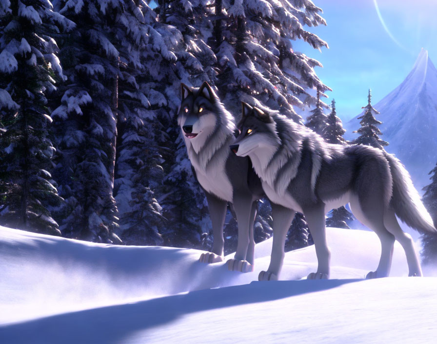 Two animated wolves in snowy forest landscape with pine trees under clear blue sky