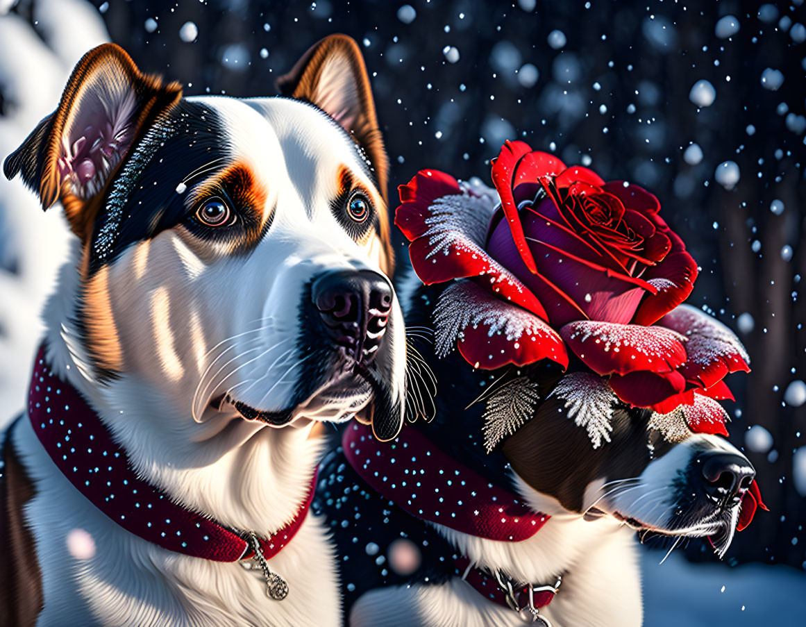 Tricolor dog with dotted collar holding red rose bouquet in snowy scene