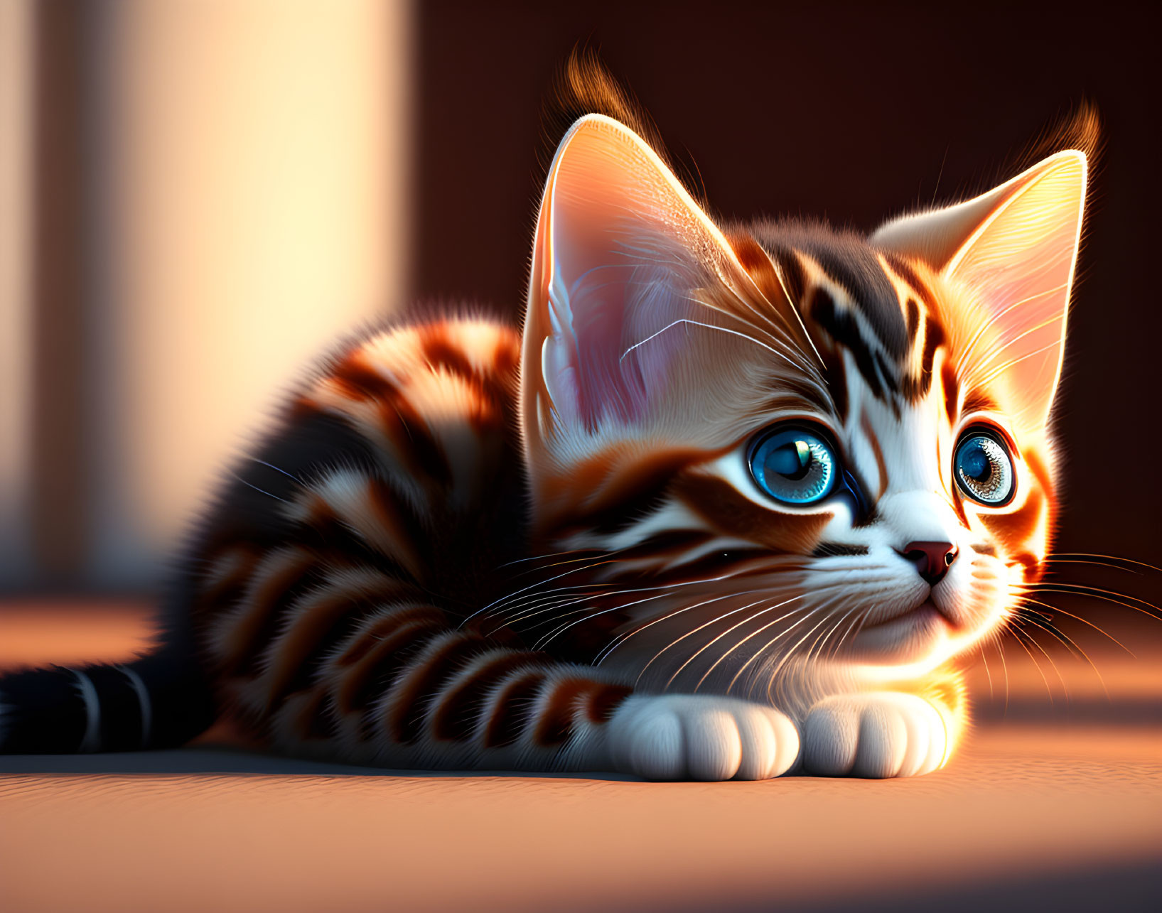 Striped kitten digital art with blue eyes in golden light