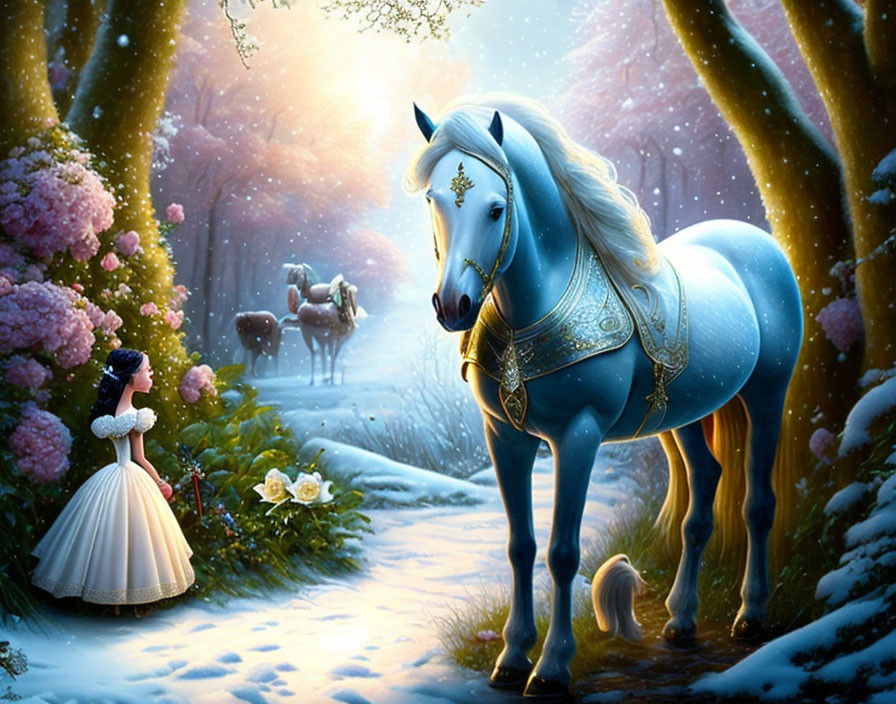 Enchanting snowy forest scene with white horse and princess