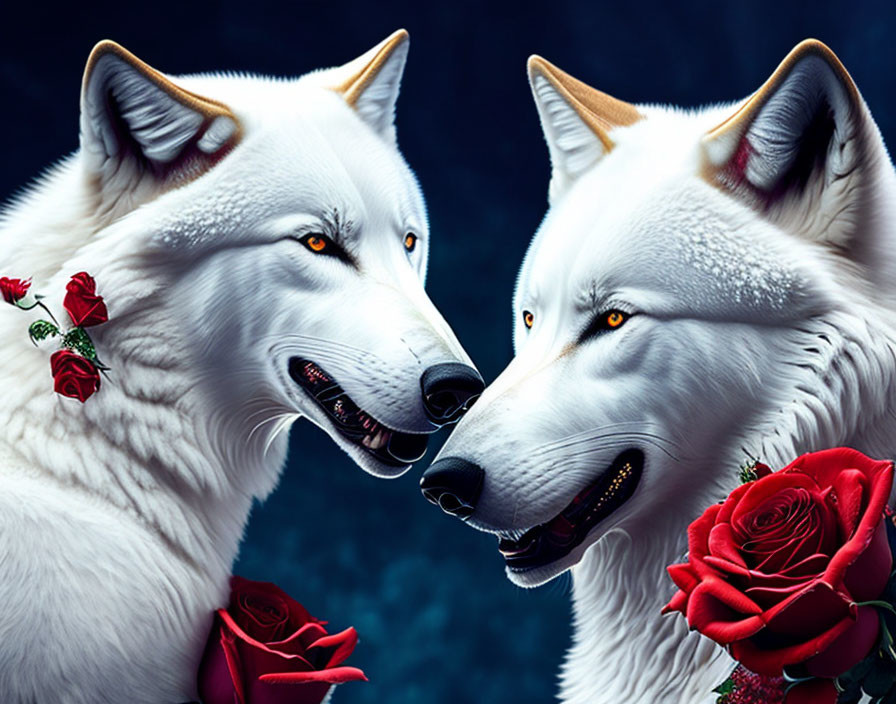 White wolves with golden eyes and roses on dark blue background