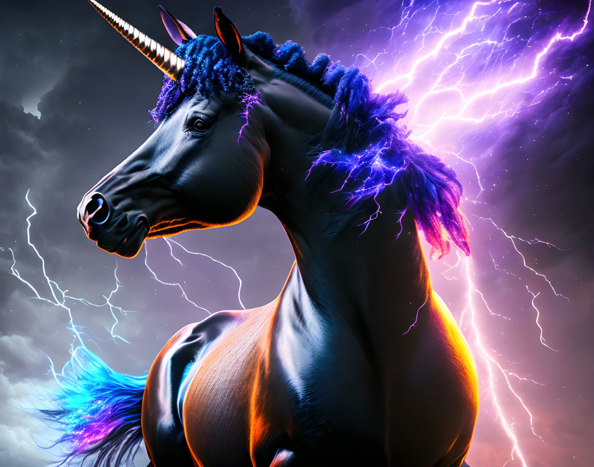 Majestic black unicorn with glowing blue mane in stormy sky