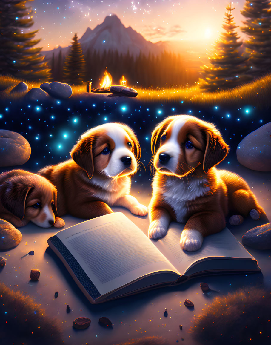 Three puppies with a book under starry sky, campfire, mountains.