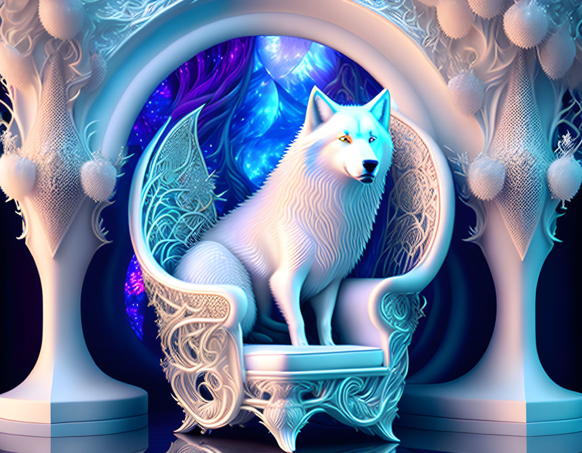 Majestic white wolf with wings on ornate throne in mystical setting