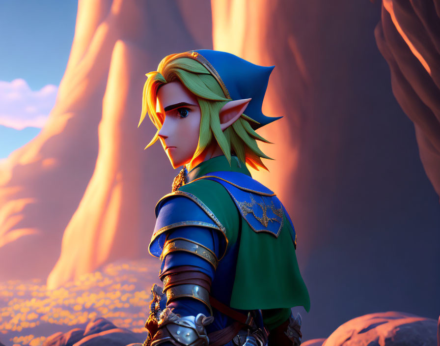 Male character with pointy ears in green cap and armor against warm backdrop