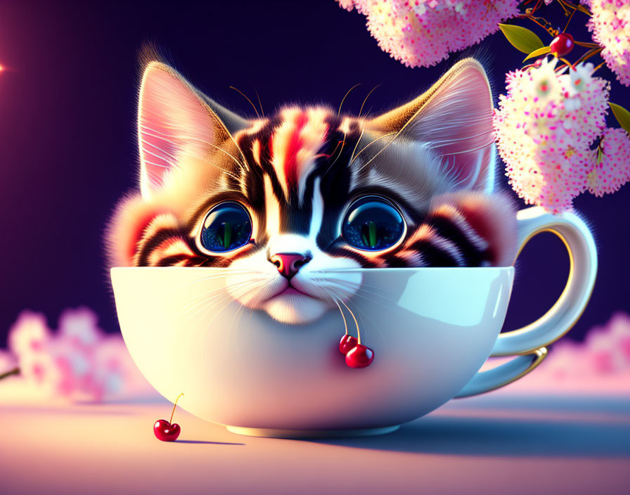 Animated kitten in teacup amid cherry blossom landscape