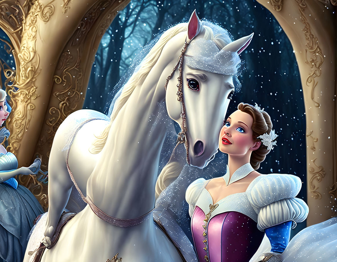 Enchanted forest fairytale illustration with woman in royal dress and white horse