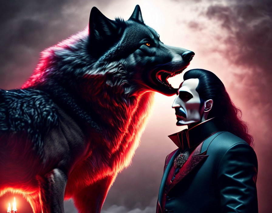 Menacing wolf and vampire in dramatic red cloudy setting