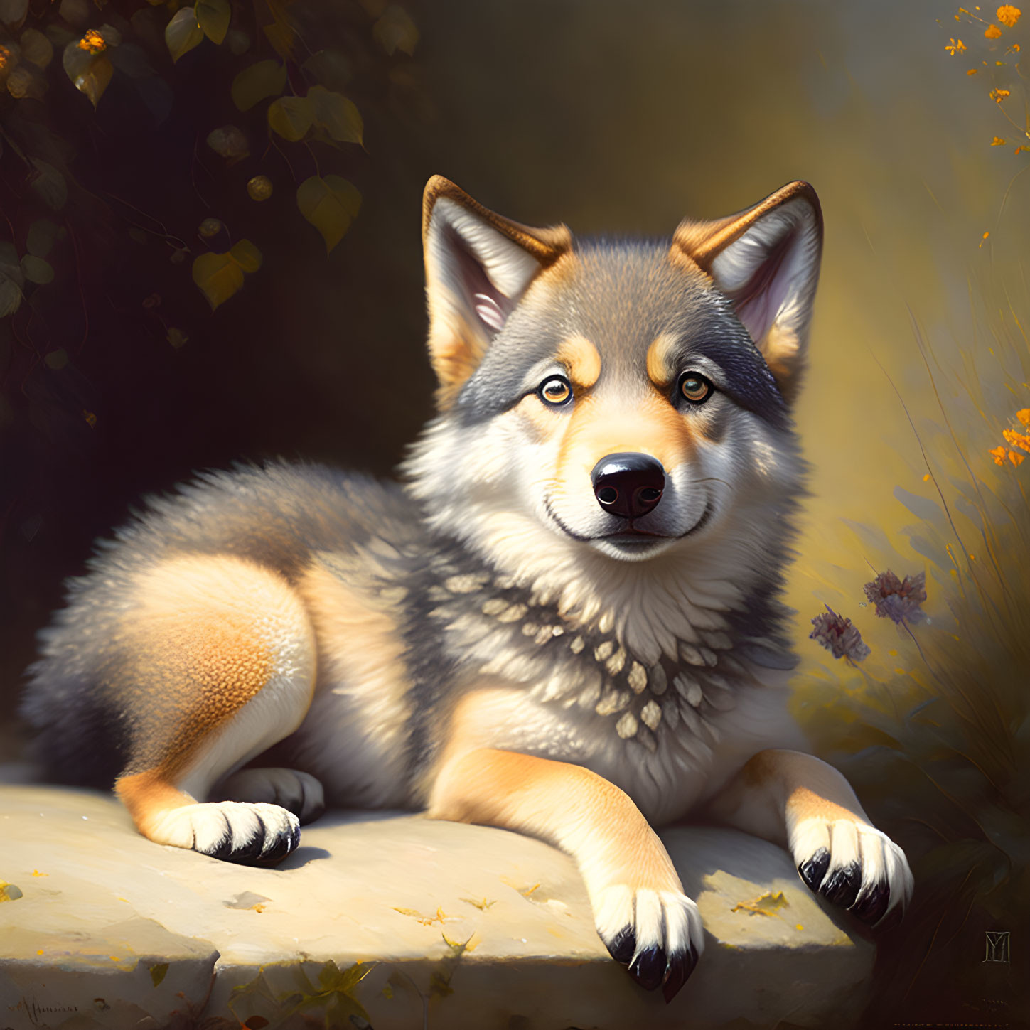 Realistic husky illustration with blue eyes on rock in sunlight.