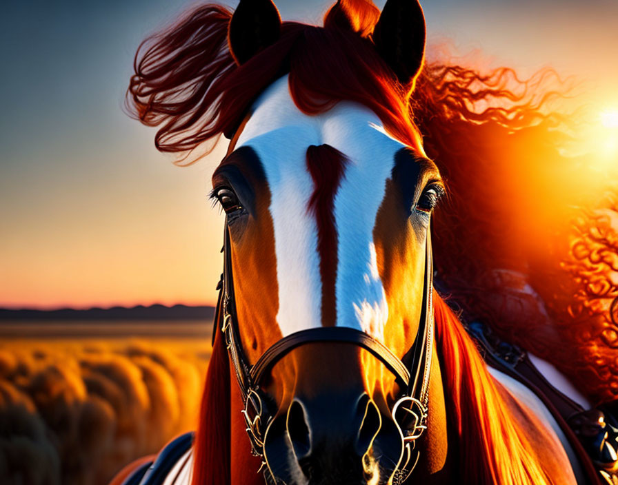 Brown horse with white blaze in bridle at sunset