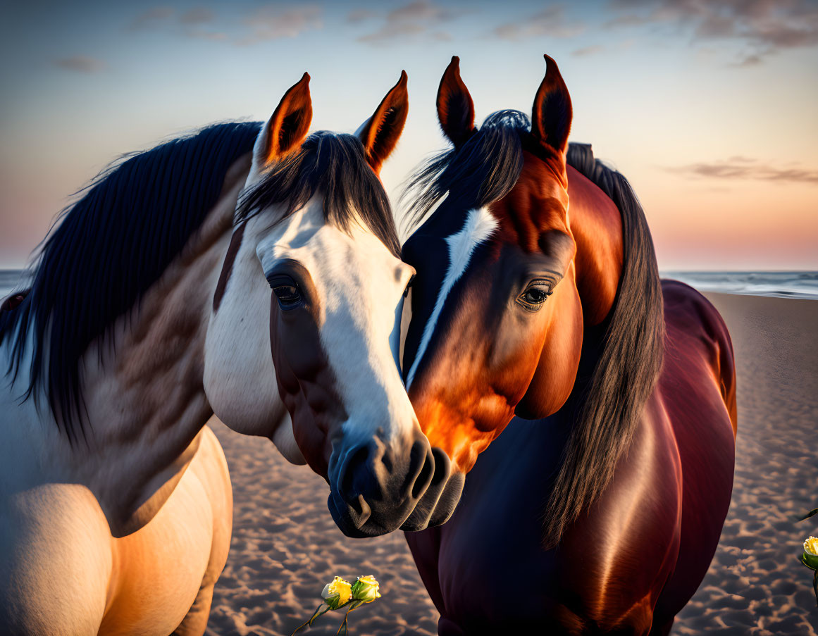 Two glossy-coated horses on beach at sunset