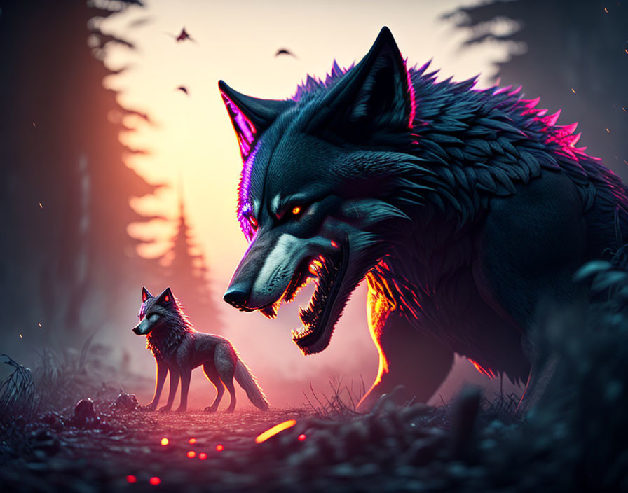 Neon-lit small wolf and giant glowing wolf in mystical landscape