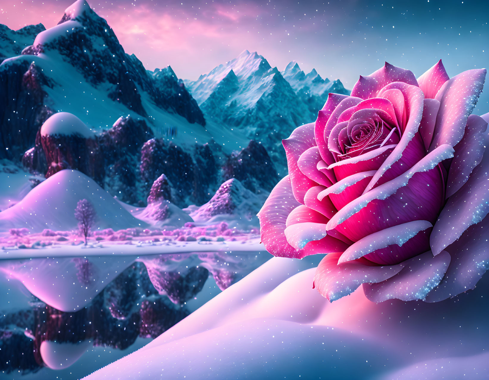 Large Pink Rose with Frost on Petals in Winter Landscape