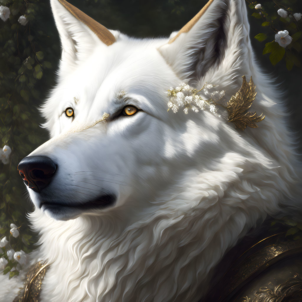 White Wolf with Golden Adornments and Flowers on Soft Background