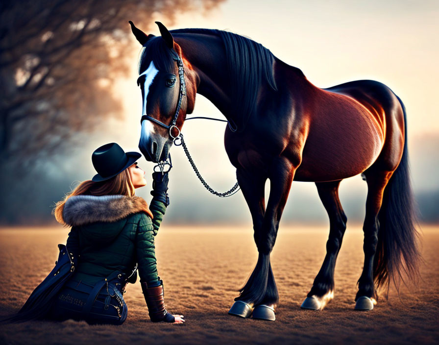 Person in hat and coat touching majestic brown horse in misty setting