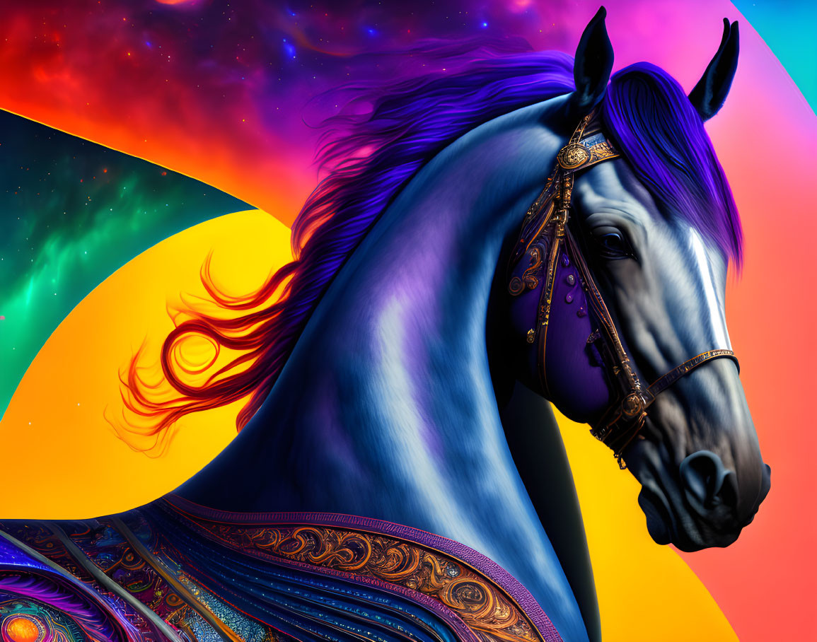 Colorful Horse Artwork Against Surreal Cosmic Background