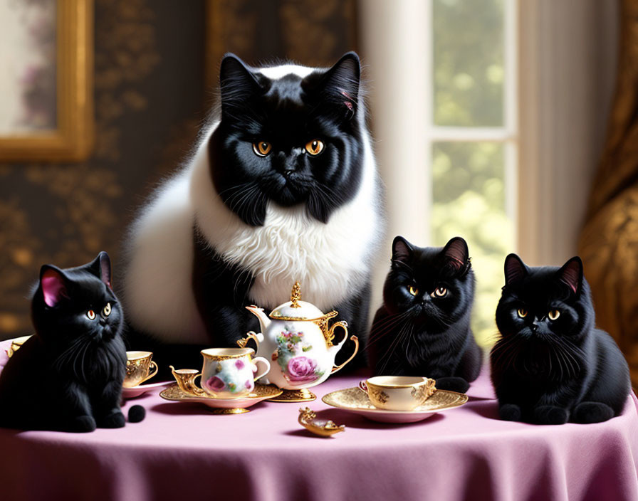 Four Black Cats with Yellow Eyes at Table with Pink Cloth and Teapot