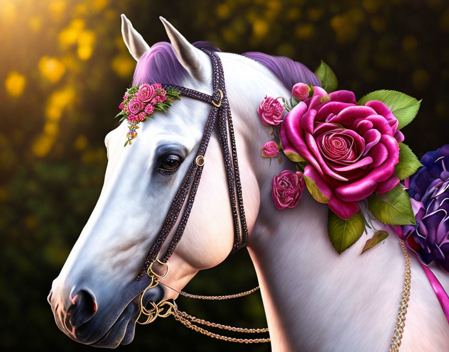 White horse with floral bridle on dark background