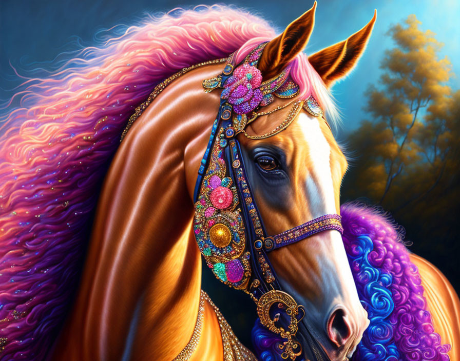 Colorful horse illustration with decorative bridle and mane in rich colors and detailed ornaments on blurry natural background