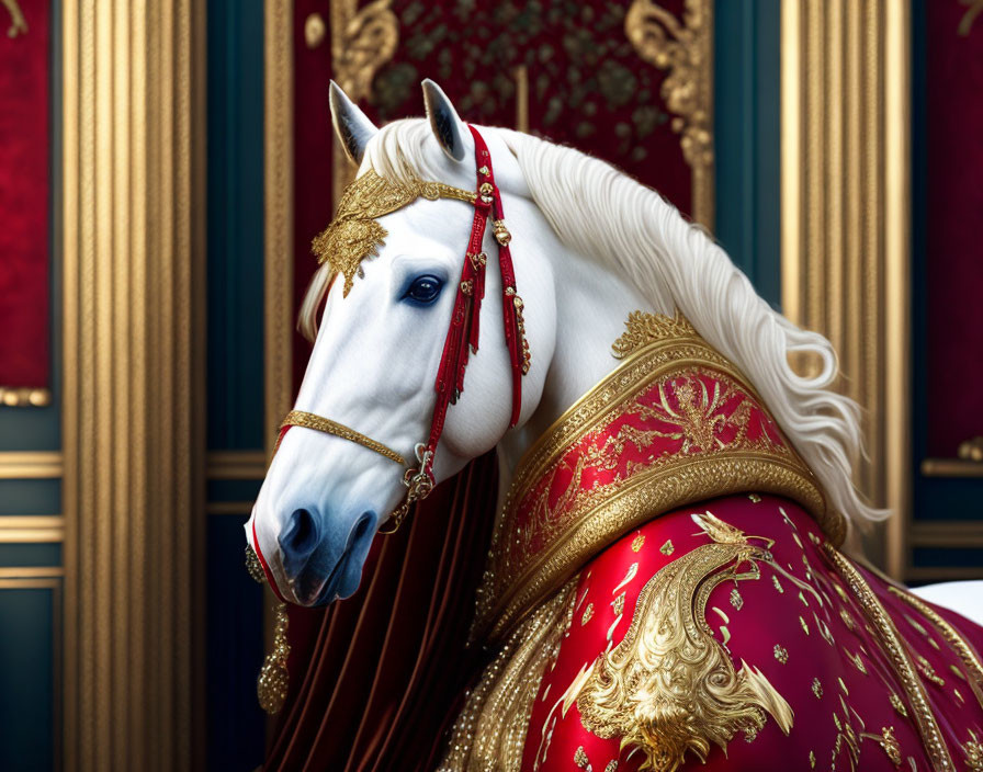 White Horse with Red and Gold Blanket on Blue and Gold Background