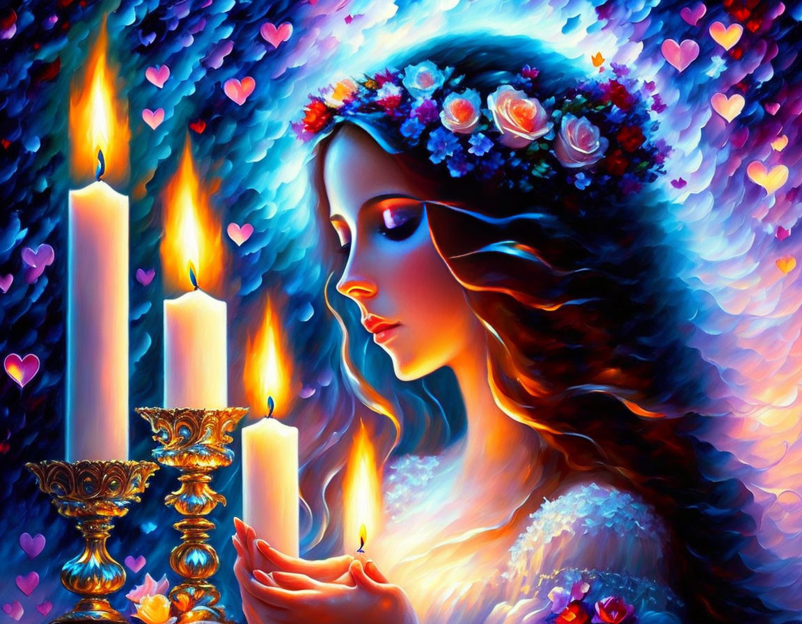 Colorful Painting of Woman with Floral Crown and Candle surrounded by Hearts and Lit Candles