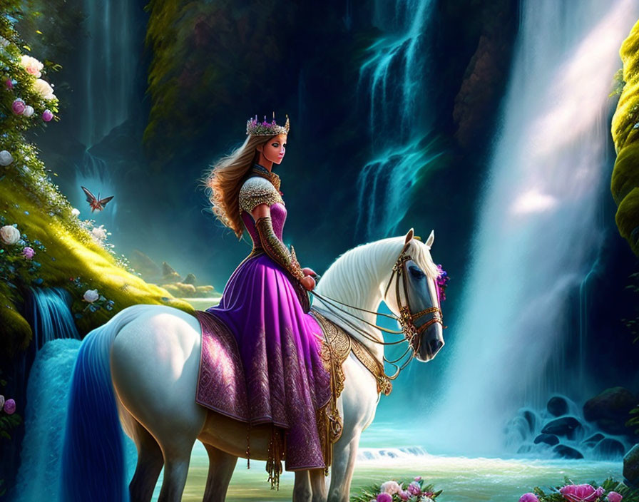 Regal woman in purple dress on white horse in magical forest